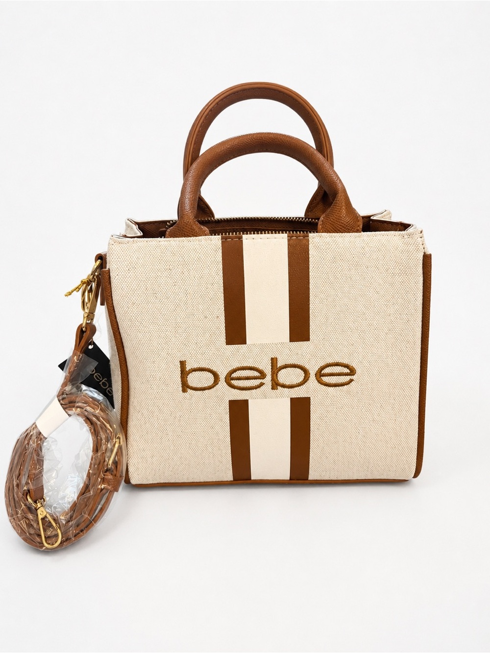 Bebe Canvas & Faux Leather Mini Satchel Crossbody Bag w/Strap & Added Charm